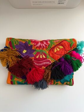 Embroidered Floral Tassel Clutch - Vibrant Multicolor